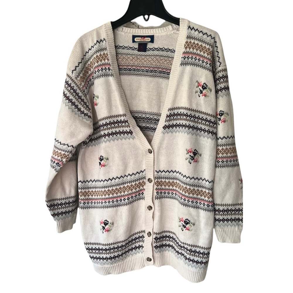 Princeton Club VTG Heavy Knit Floral Button Up Warm Cozy Cardigan Sweater EUC M